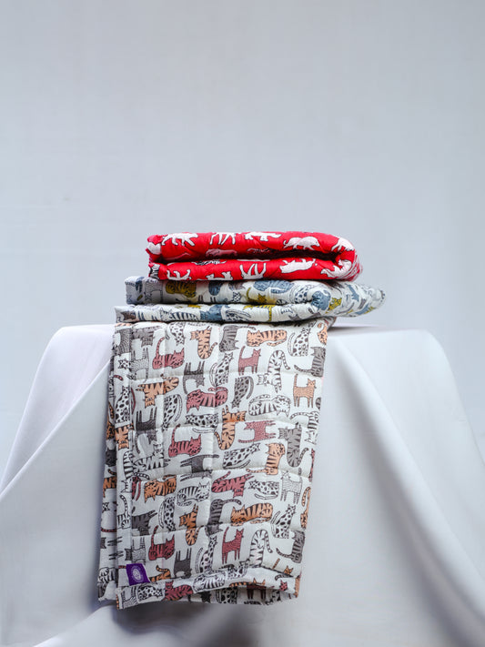 Cotton Baby Nappy Changing Mat Combo – Pack of 3 (Grey Brown Cat + Grey Yellow Cat + Red)