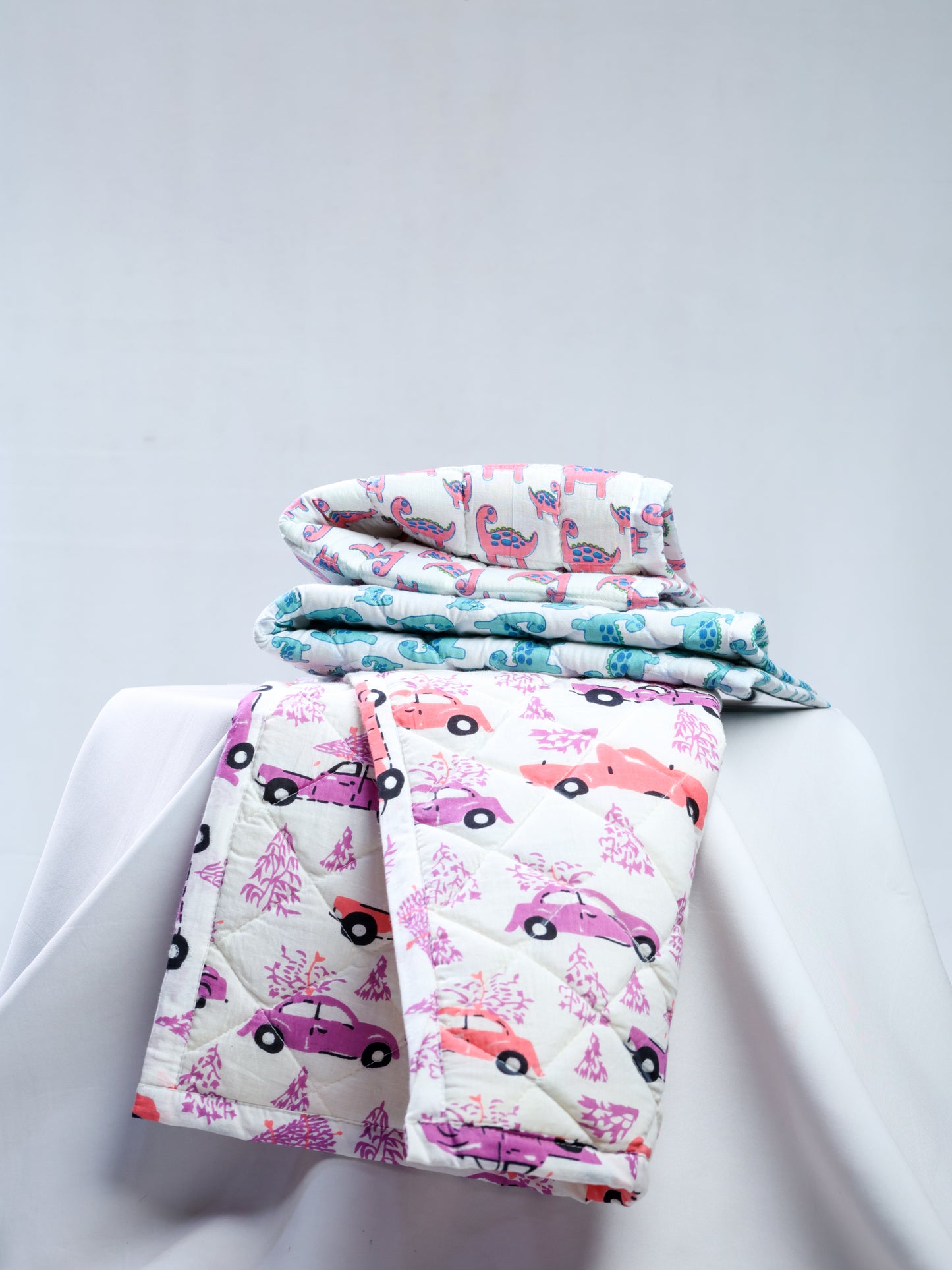 Cotton Baby Nappy Changing Mat Combo – Pack of 3 (Pink Dino + Teal Dino + Lavender Peach Car)