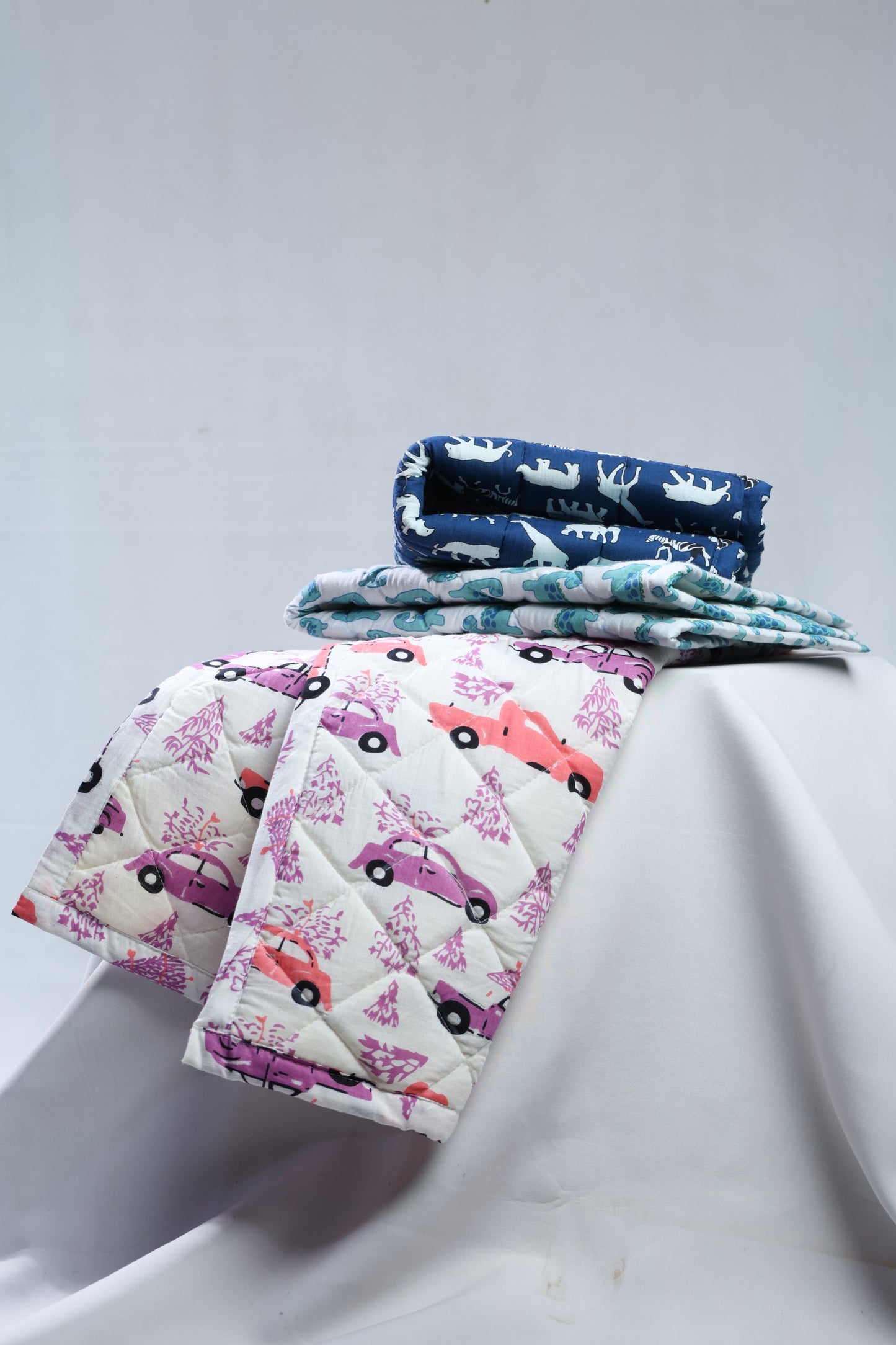Cotton Baby Nappy Changing Mat Combo – Pack of 3 (Blue + Lavender Peach Car + Teal Dino)