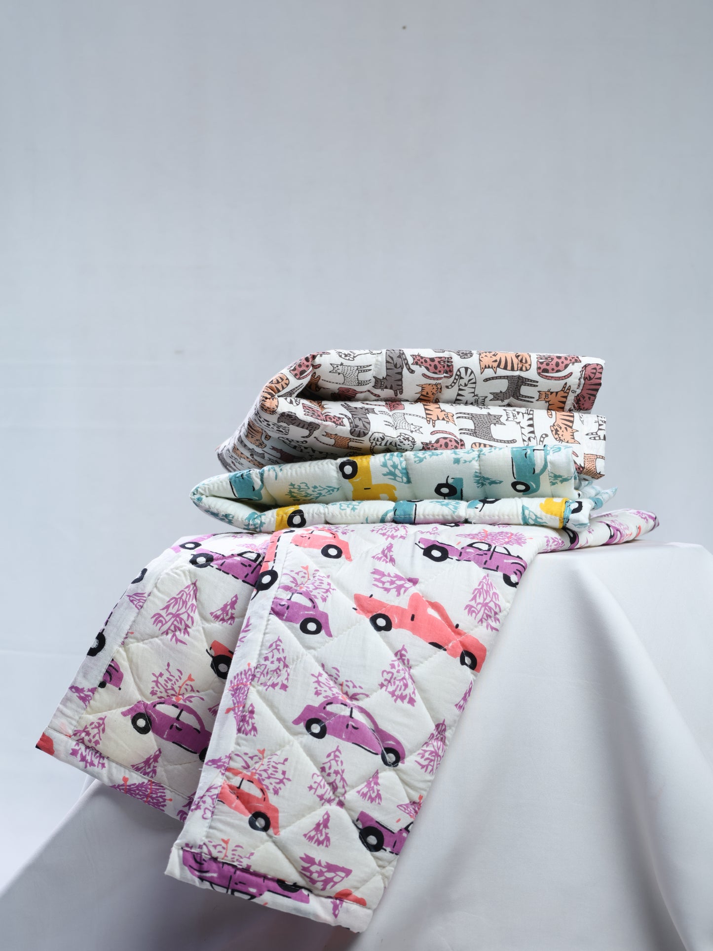 Cotton Baby Nappy Changing Mat Combo – Pack of 3 (Lavender Peach Car + Teal Yellow Car + Grey Brown Cat)