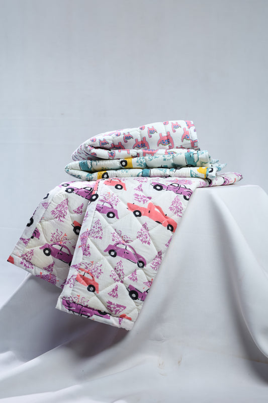 Cotton Baby Nappy Changing Mat Combo – Pack of 3 (Lavender Peach Car + Teal Yellow Car + Pink Dino)