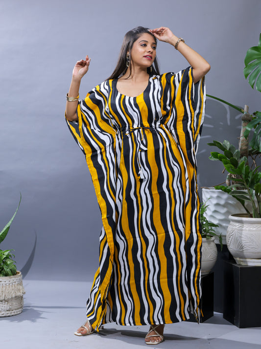 Mustard Yellow & Black Striped Kaftan Maxi Dress with Waist Tie for Women