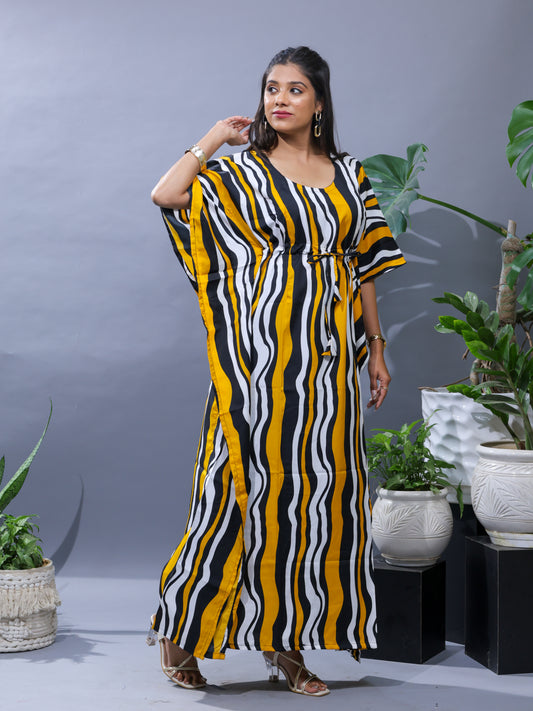 Mustard Yellow & Black Striped Kaftan Maxi Dress with Waist Tie for Women