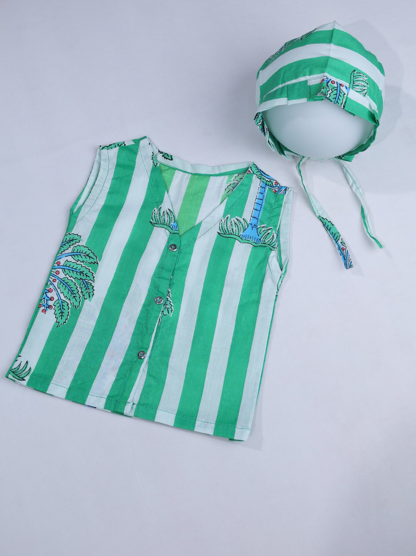Green & White Striped Cotton Jabla with Block Print Bonnet Set