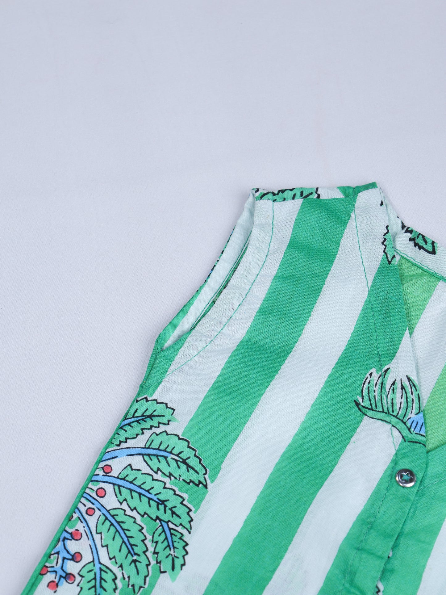 Green & White Striped Cotton Jabla with Block Print Bonnet Set