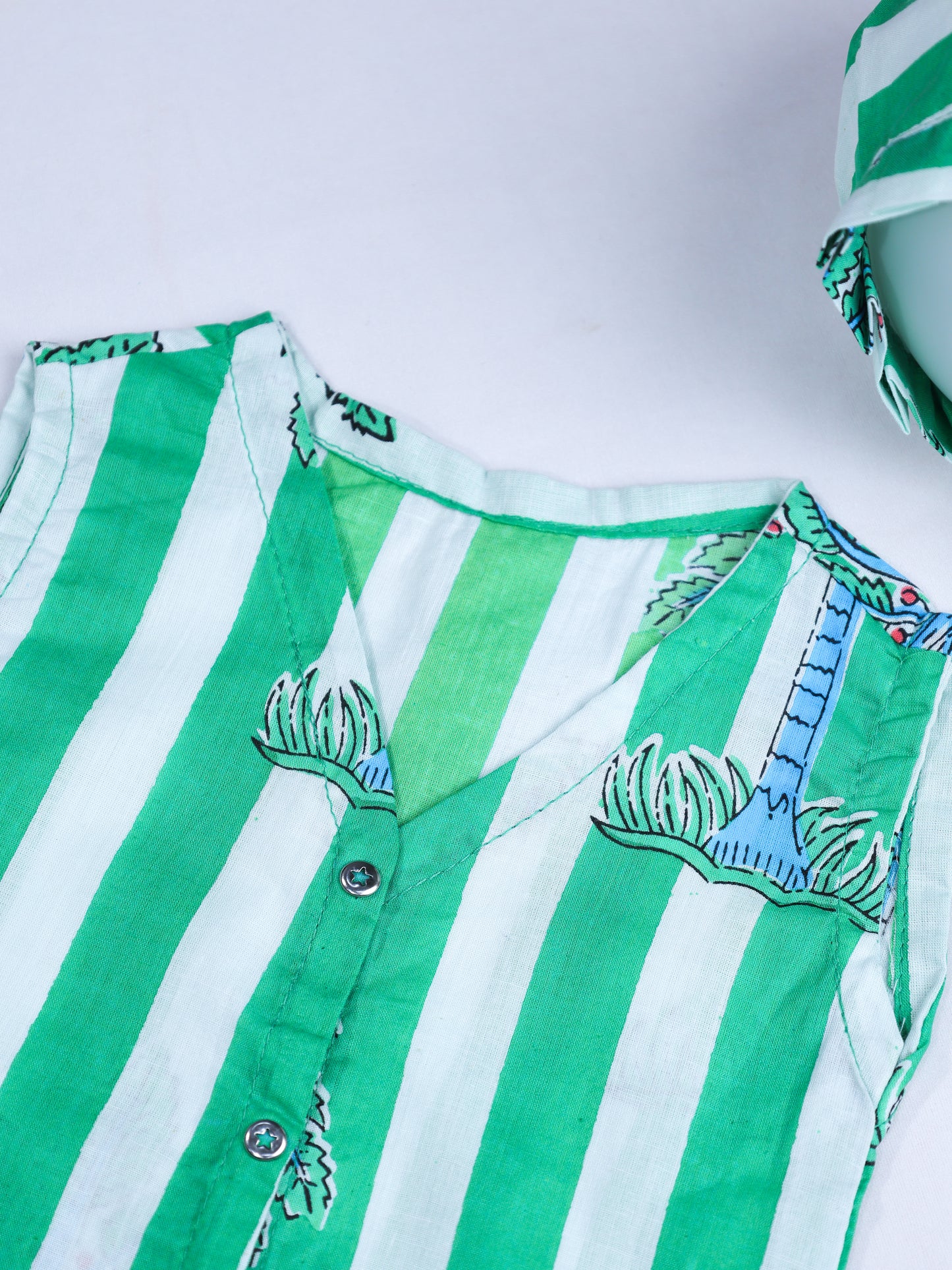 Green & White Striped Cotton Jabla with Block Print Bonnet Set