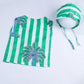 Green & White Striped Cotton Jabla with Block Print Bonnet Set