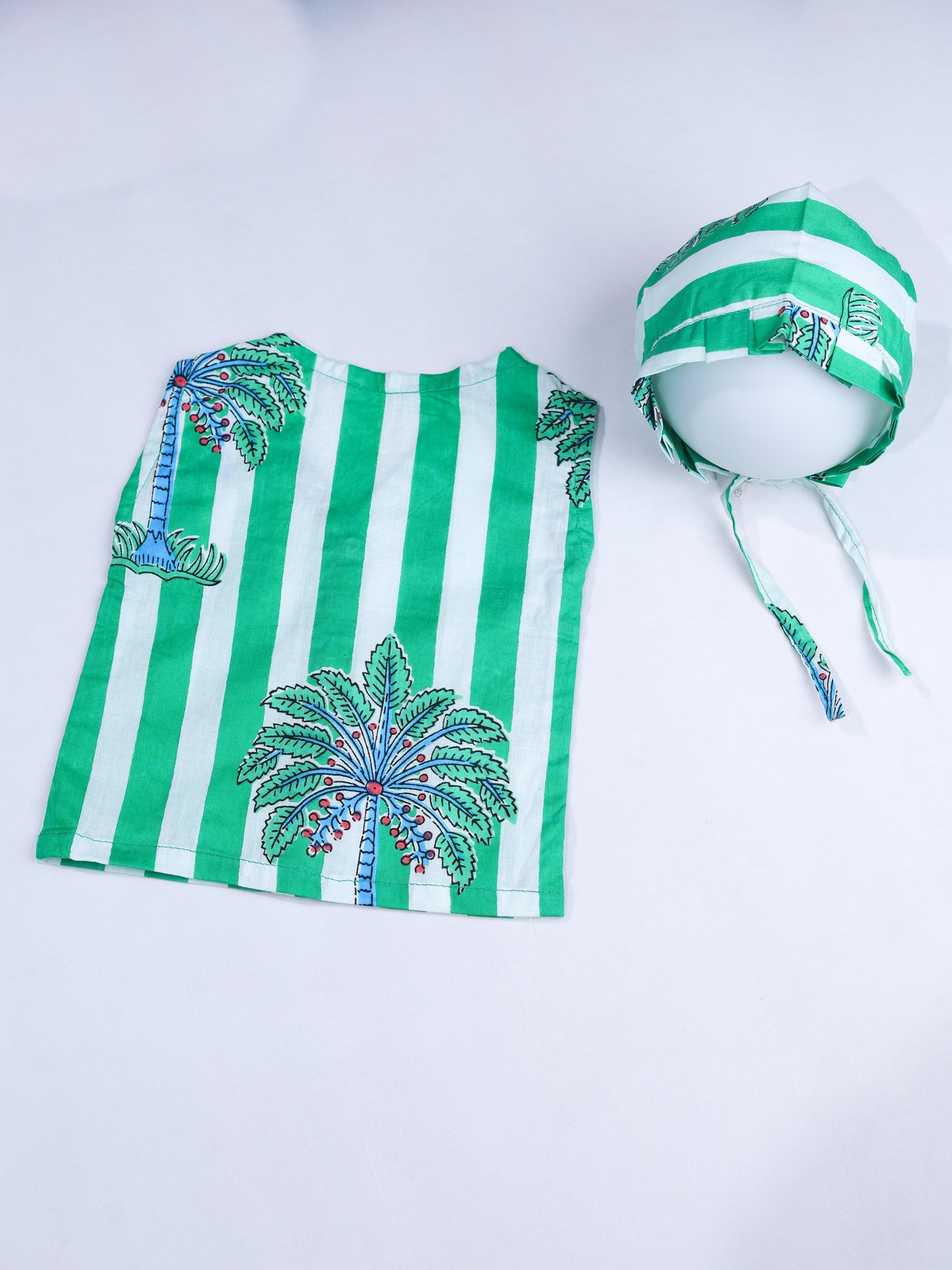 Green & White Striped Cotton Jabla with Block Print Bonnet Set