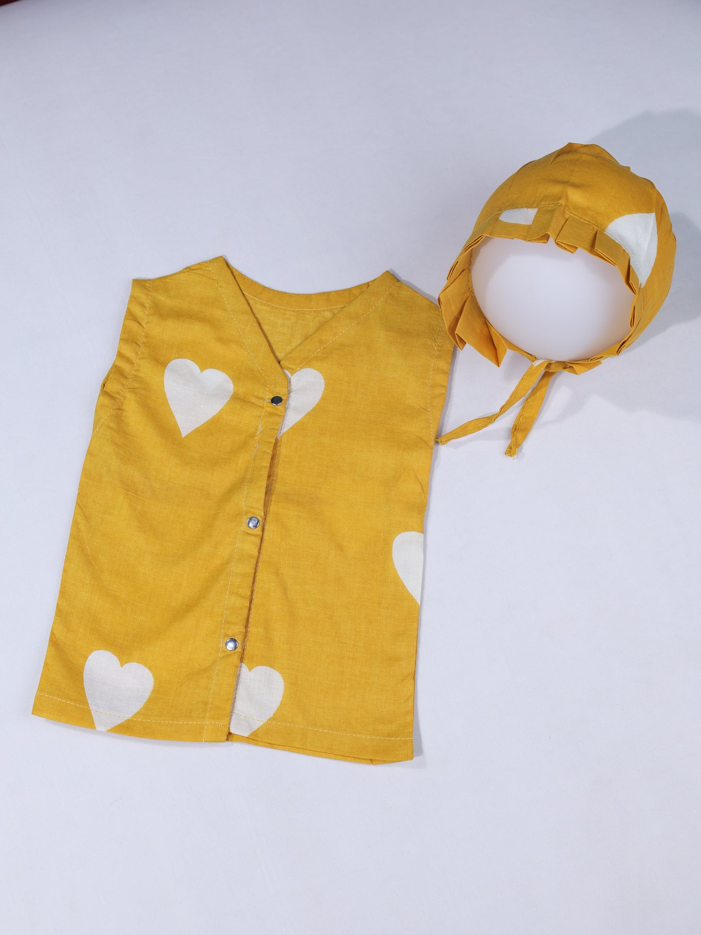 Yellow Heart Print Baby Romper and Bonnet