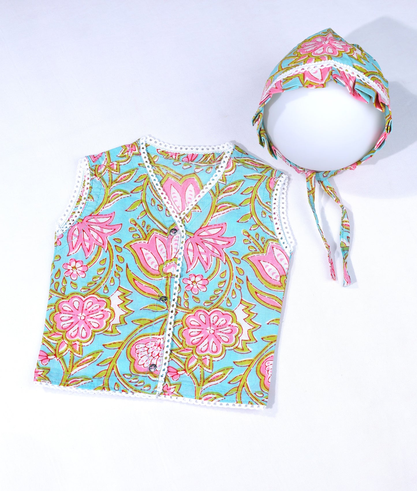 Floral Block Print Baby Vest and Bonnet