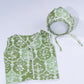 Green Block Print Cotton Newborn Jabla Frock and Hat Set