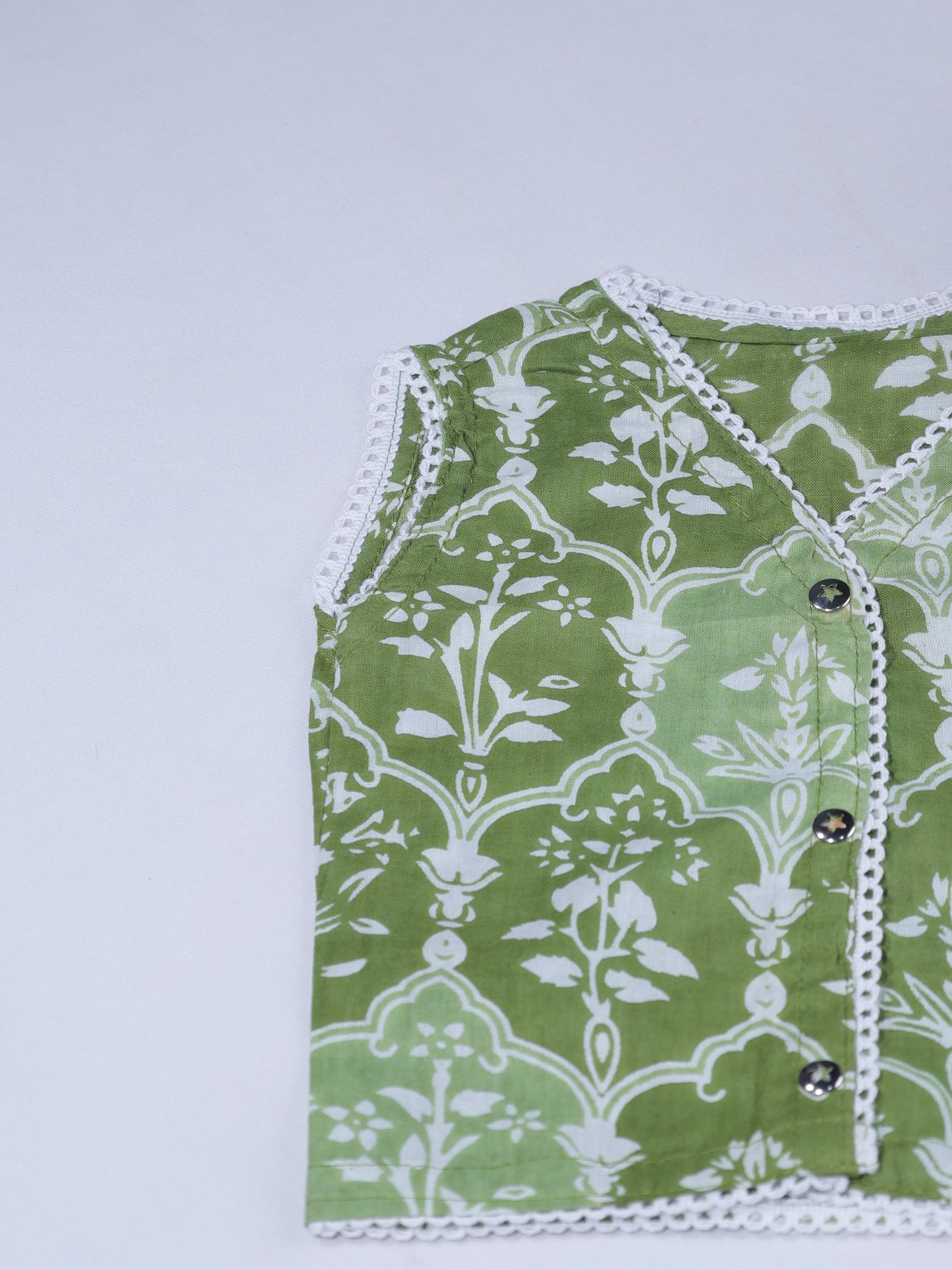 Green Block Print Cotton Newborn Jabla Frock and Hat Set