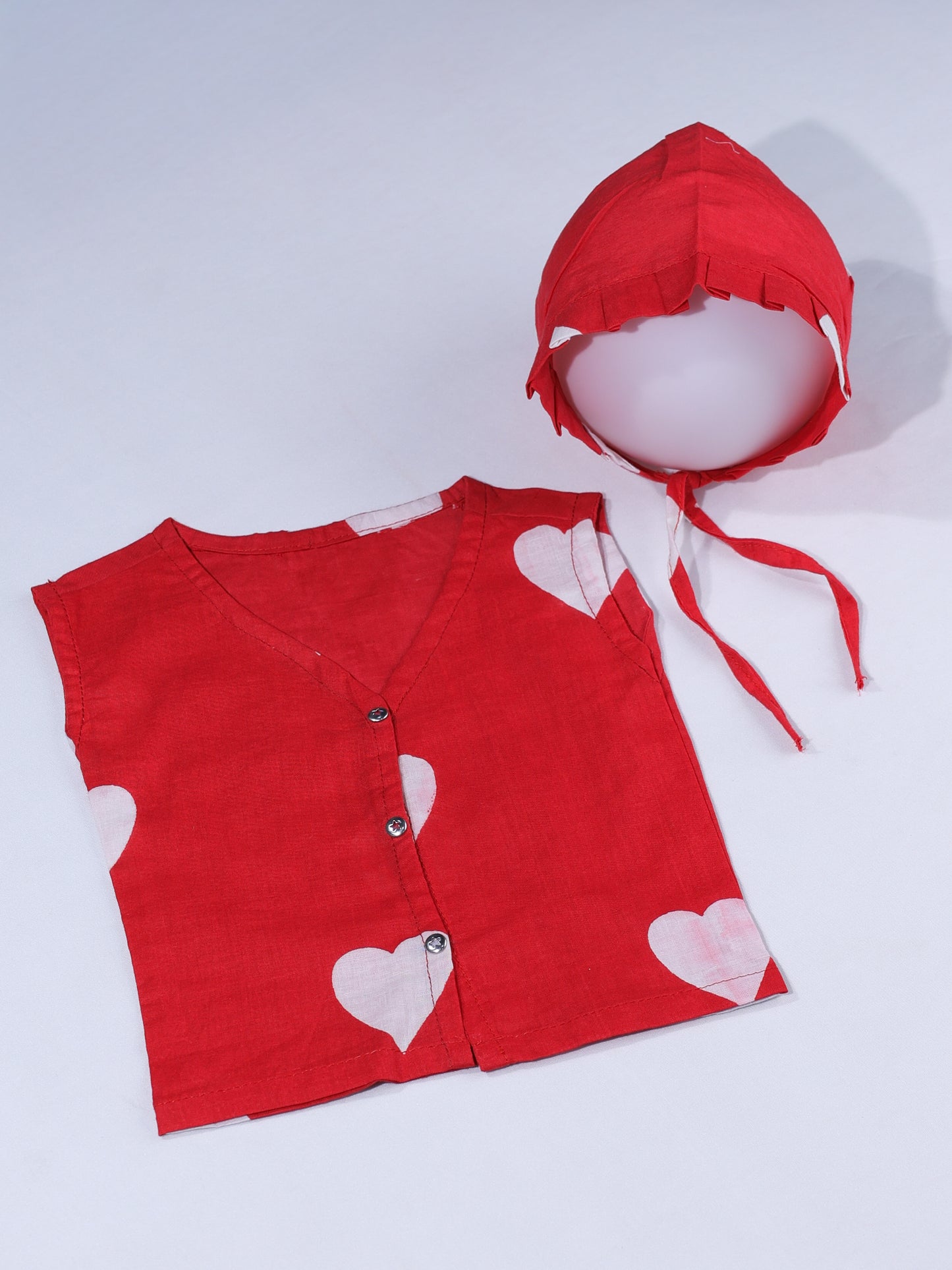 Red Heart Print Baby Vest and Bonnet