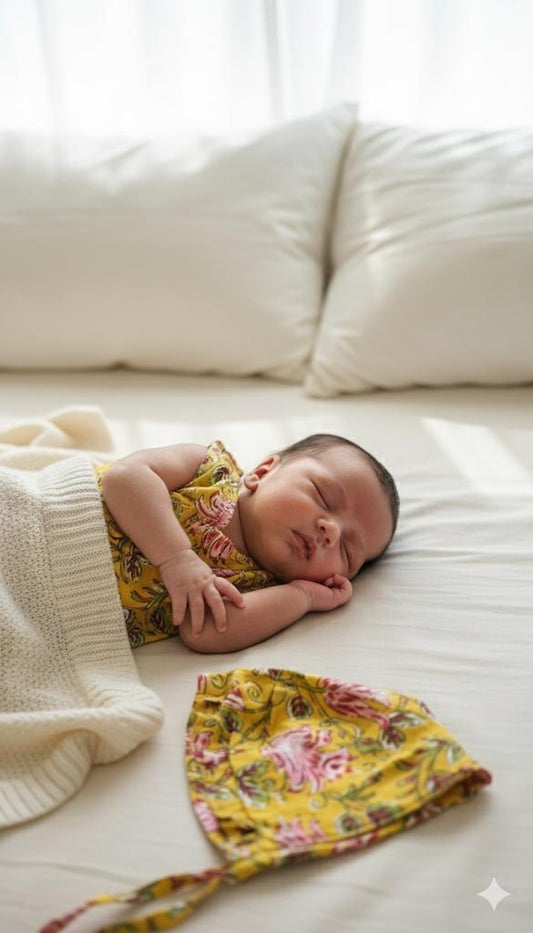 Sunshine Yellow – Newborn Cotton Dress & Cap Set