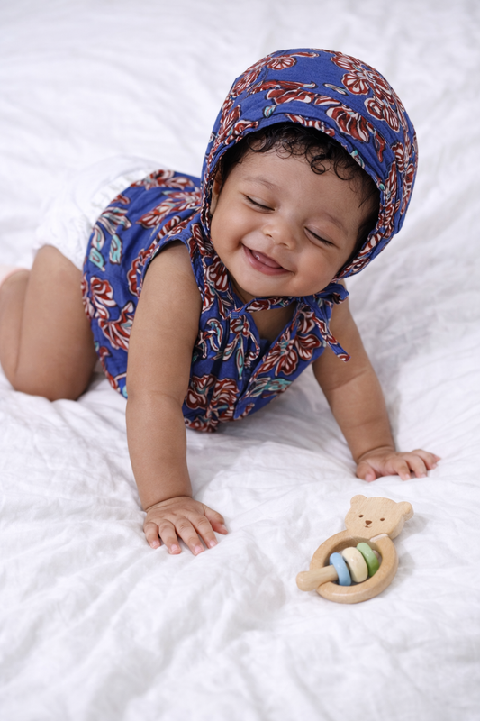 Blue Block Print Cotton Jabla for Newborns