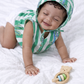 Green & White Striped Cotton Jabla with Block Print Bonnet Set