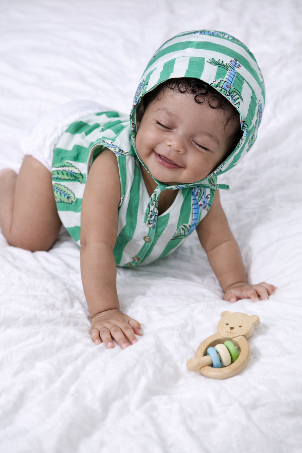 Green & White Striped Cotton Jabla with Block Print Bonnet Set