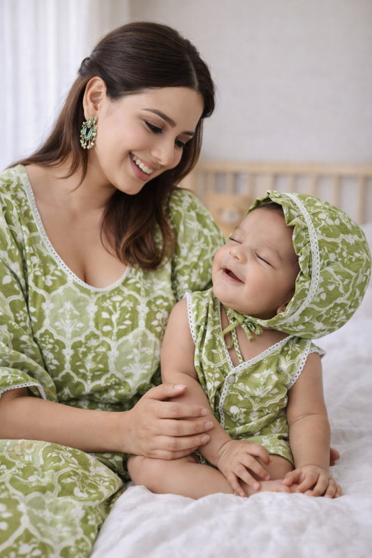 Green Block Print Maternity Kaftan and Newborn Jabla Combo