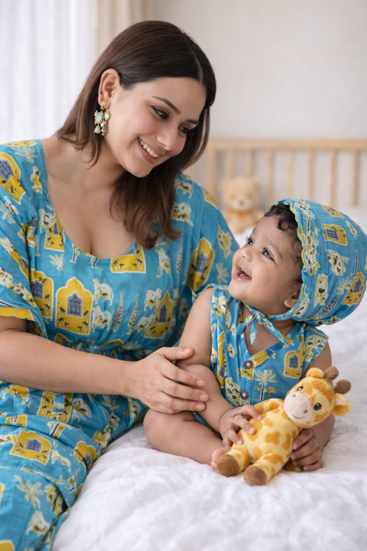 Blue Maternity Kaftan and Teal Floral Newborn Jabla Combo
