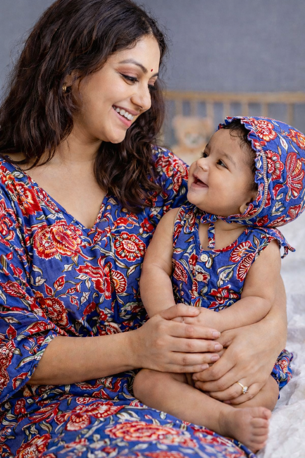 Blue Block Print Maternity Kaftan and Newborn Jabla Combo