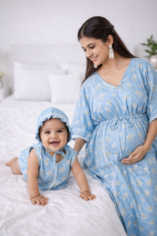 Maternity Kaftan and Newborn Jabla Combo in Blue Floral