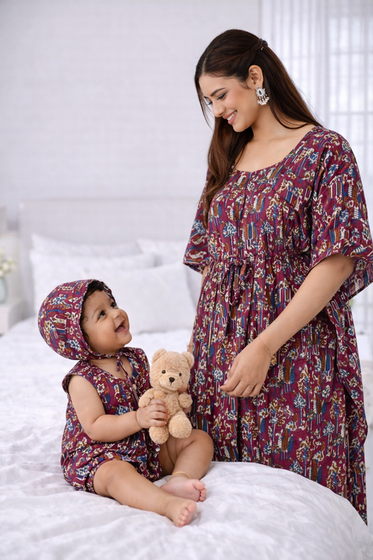 Purple Abstract Forest Maternity Kaftan and Newborn Jabla Combo